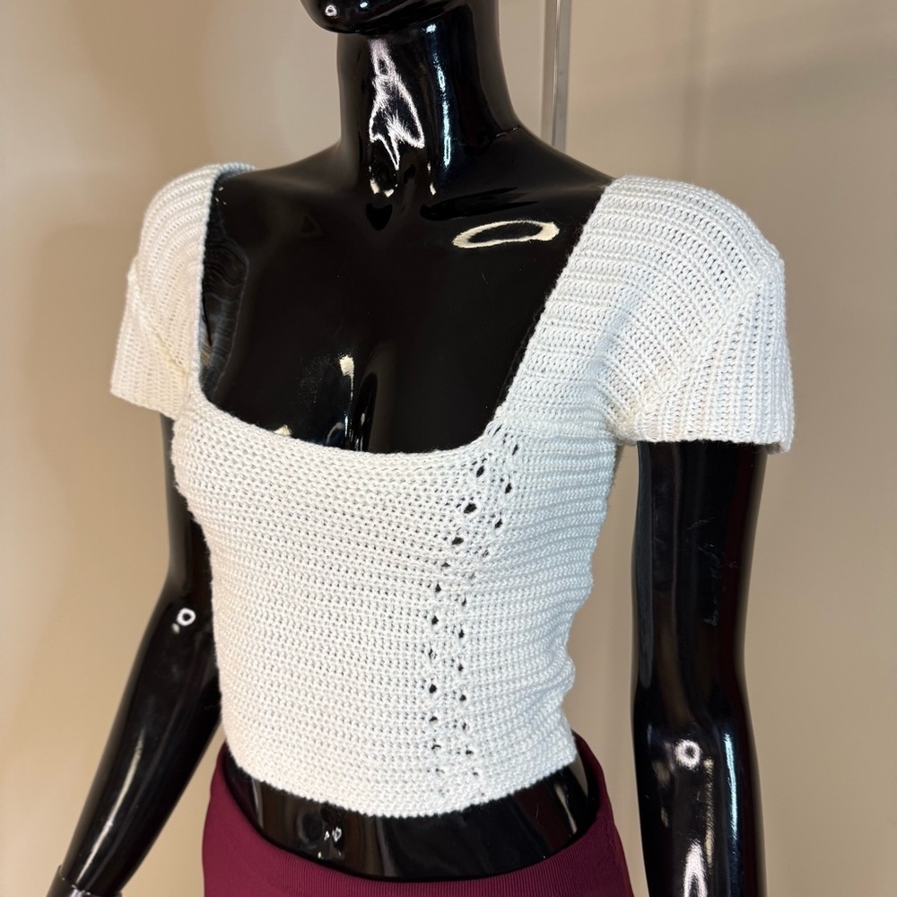 Crochet Style Open Back Corset Tie Crop Top White Cottagecore Small Square Neck - Picture 2 of 4